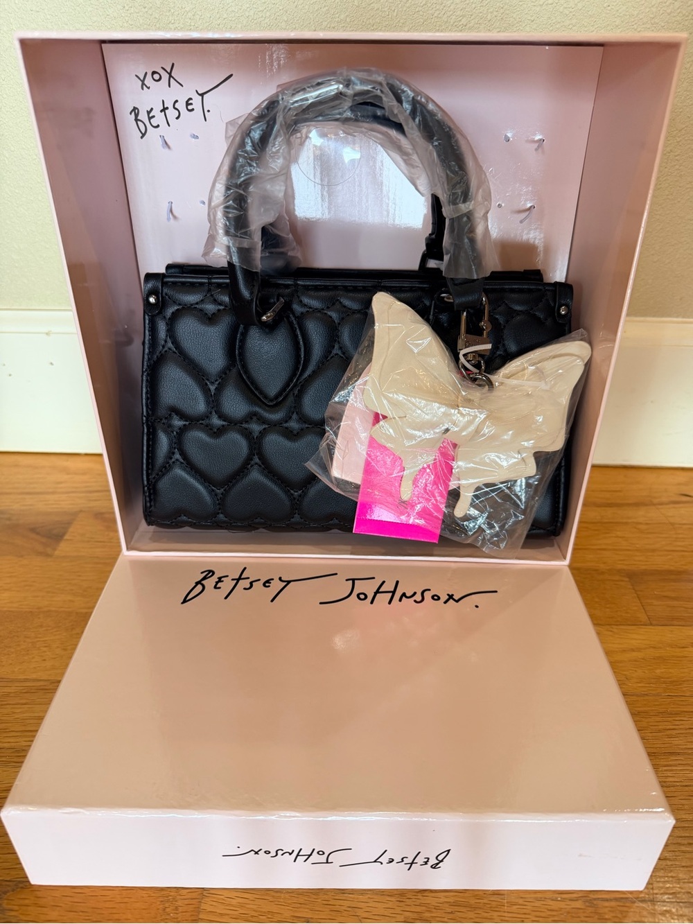 Betsey Johnson Black Quilted Heart Satchel with Cream Butterfly Charm